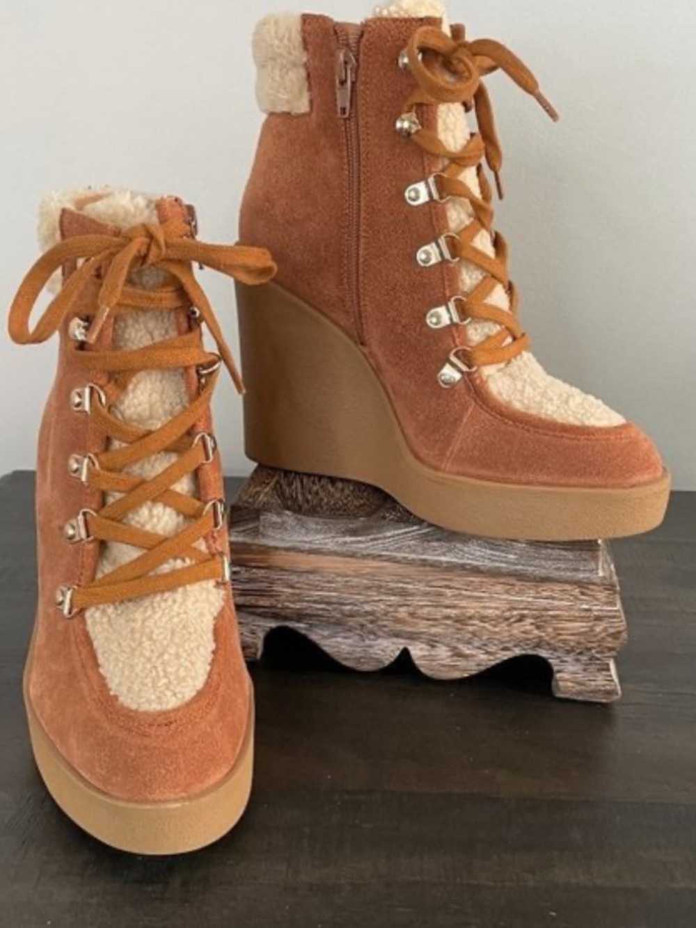 Jessica Simpson Rust Suede Wedge Boot with Cream Shearling